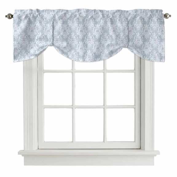 Haze Blue Boho Tie Up Valance Curtains for Windows, Kitchen Curtains Window Shades, Neutral Middle Century Turkish Pattern Light Filtering Roman Curtain Valances for Bedroom/Bathroom/Cafe 42"x12"