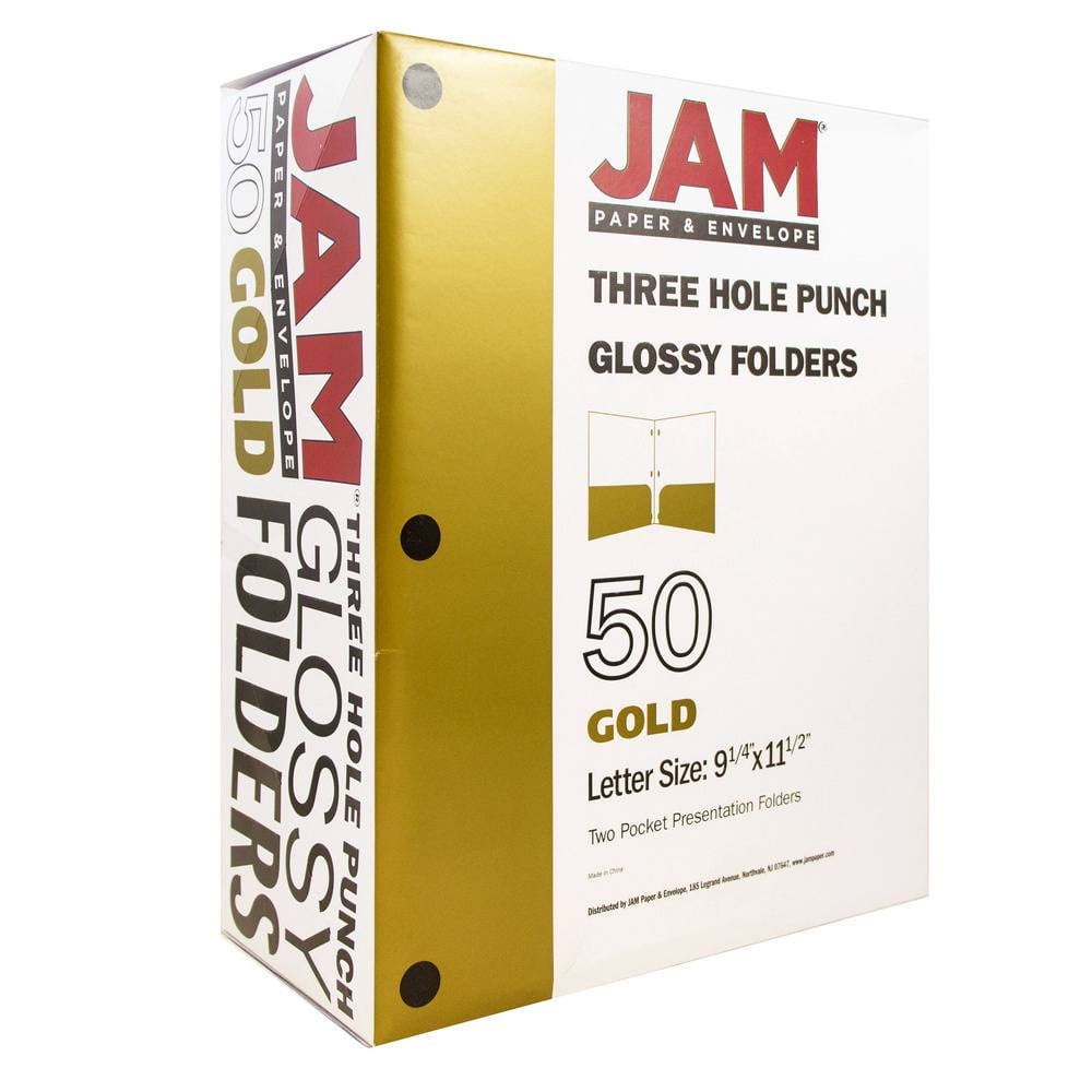 JAM Paper Glossy 3 Hole Punch Folders, Gold, 50/Pack
