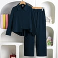 thumbnail image 2 of Tfken outfits sets for children girls Lapel Neck Long Sleeve Solid Color Dressy Shirt Pant 2Pc outwear clothing sets Navy Size 8-9 Years, 2 of 9