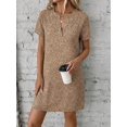 thumbnail image 5 of Khaki Notched Neck Short Sleeve Leopard Print A-Line Casual Dress For Women, 5 of 5