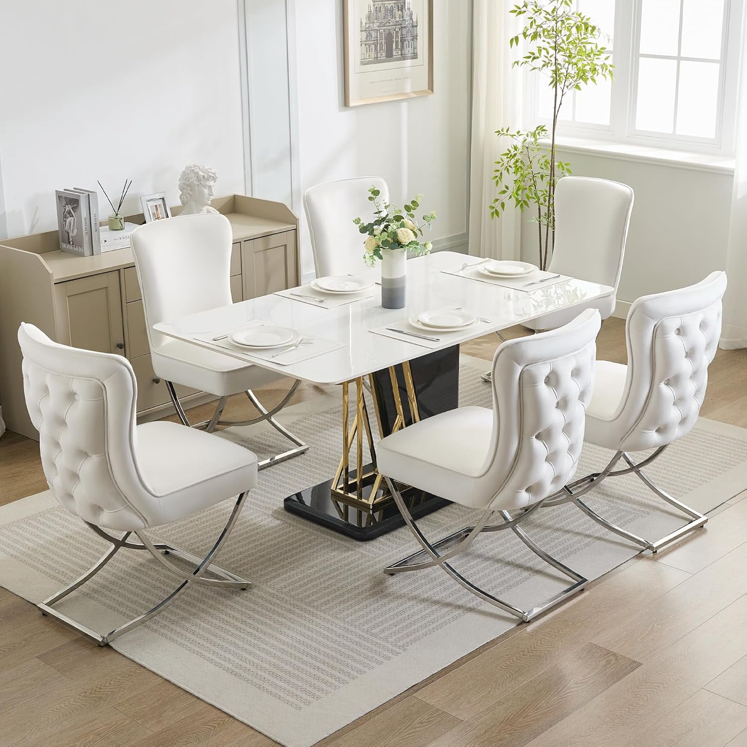 2PCS Luxury Velvet Dining Chairs, Tufted Upholstered Armless Accent Chairs with Silver Metal X-Legs, Modern Glam Dining Chair Kitchen Chairs, Beige