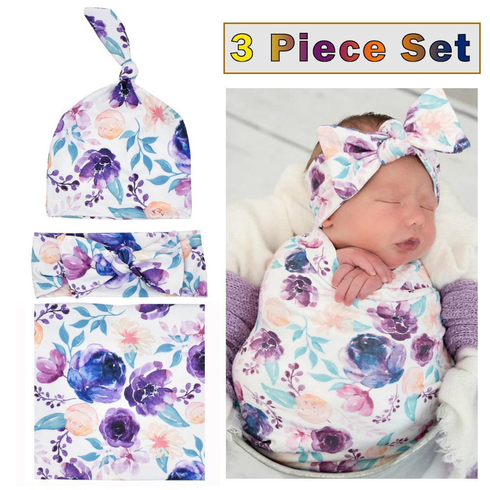 Homaful 3 Piece Set Newborn Floral Swaddle Blanket Purple Flower Rose Baby Receiving Blanket with Headband Soft and Stretchy Infant Swaddle Wrap Blanket for Baby Girl