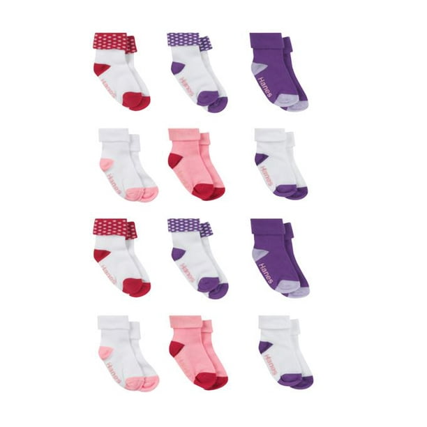 Hanes Hanes Baby and Toddler Girls NonSkid TurnCuff Socks, 12Pack