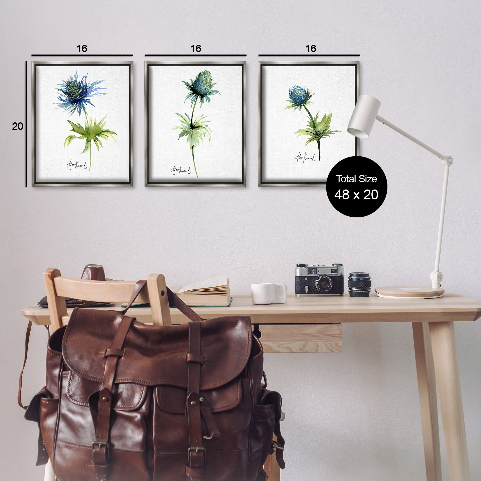 Stupell Industries Thistle Watercolors on White Botanical & Floral Painting Gray Floater Framed Canvas Art Print Wall Art, 17 x 21, Set of 3