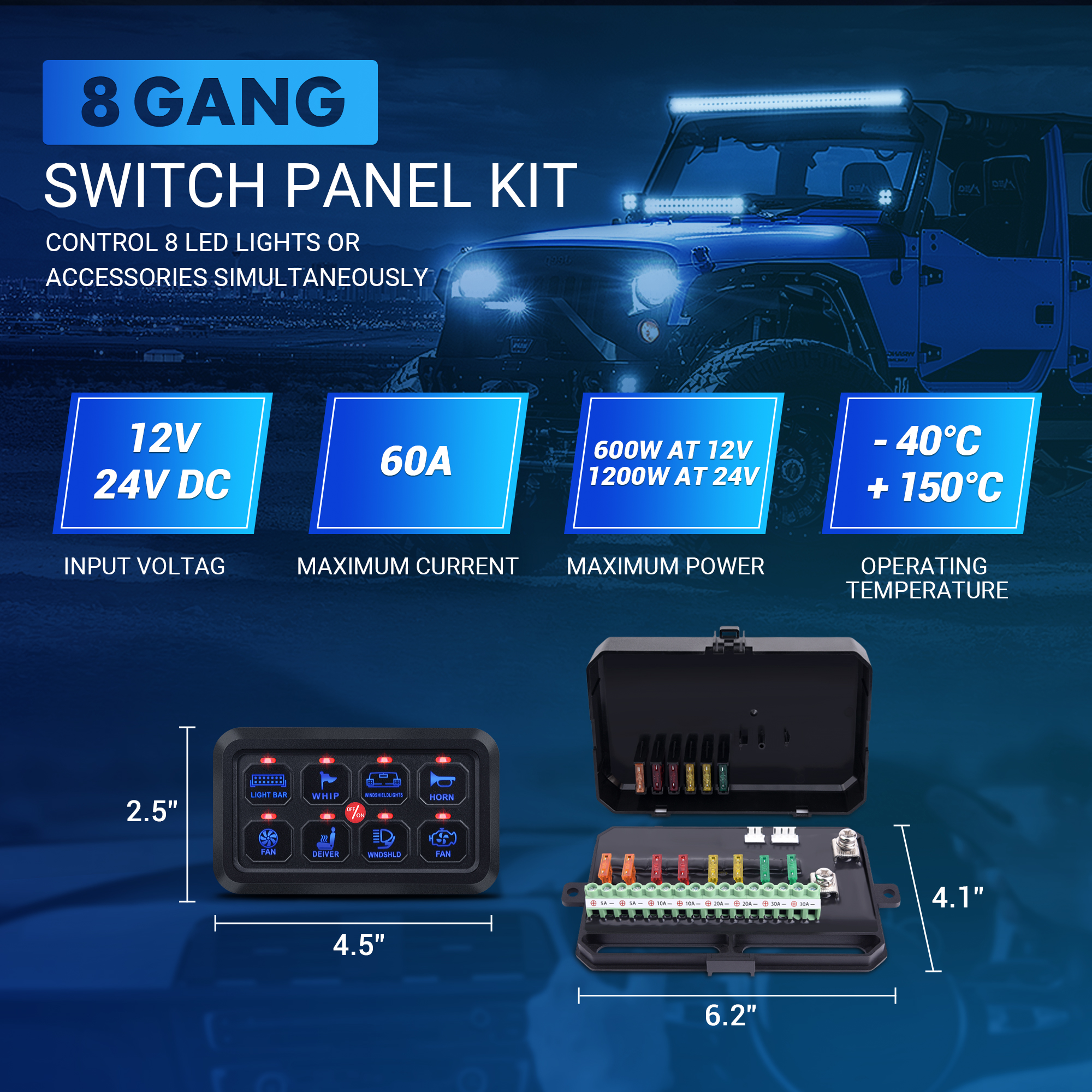 MICTUNING Universal Gang Switch Panel, Automatic Dimmable Switch Button  Touch Screen Circuit Control Box with Label Stickers for Car Truck ATV UTV  SUV Boat Blue