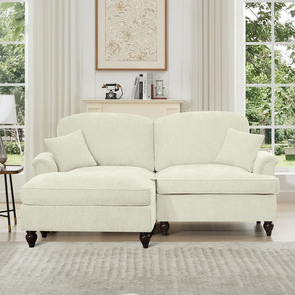 Newest Elegant Large Two Seater Modular L Shaped Sofa Couch, Flared Arms, Removable Ruffles Pleats Skirts, Spindle Legs,Comfy Chenille Loveseat Sofa, Movable Ottoman,Beige White