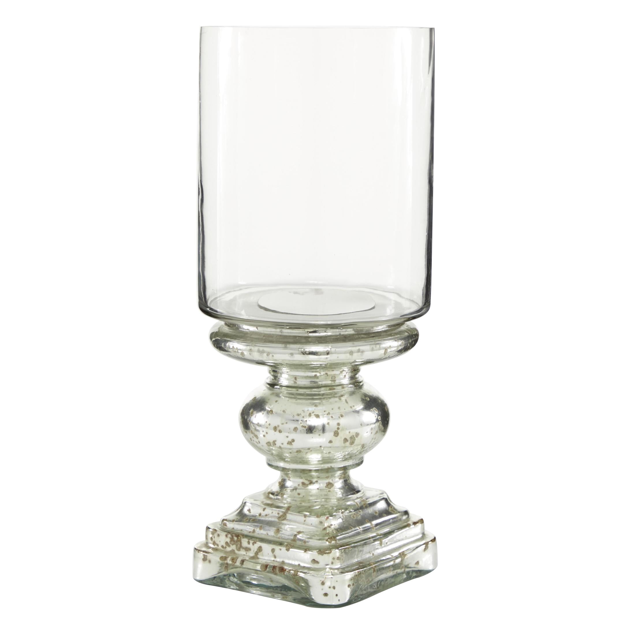 DecMode Silver Glass Handmade Turned Style Pillar Hurricane Lamp with Faux Mercury Glass Finish