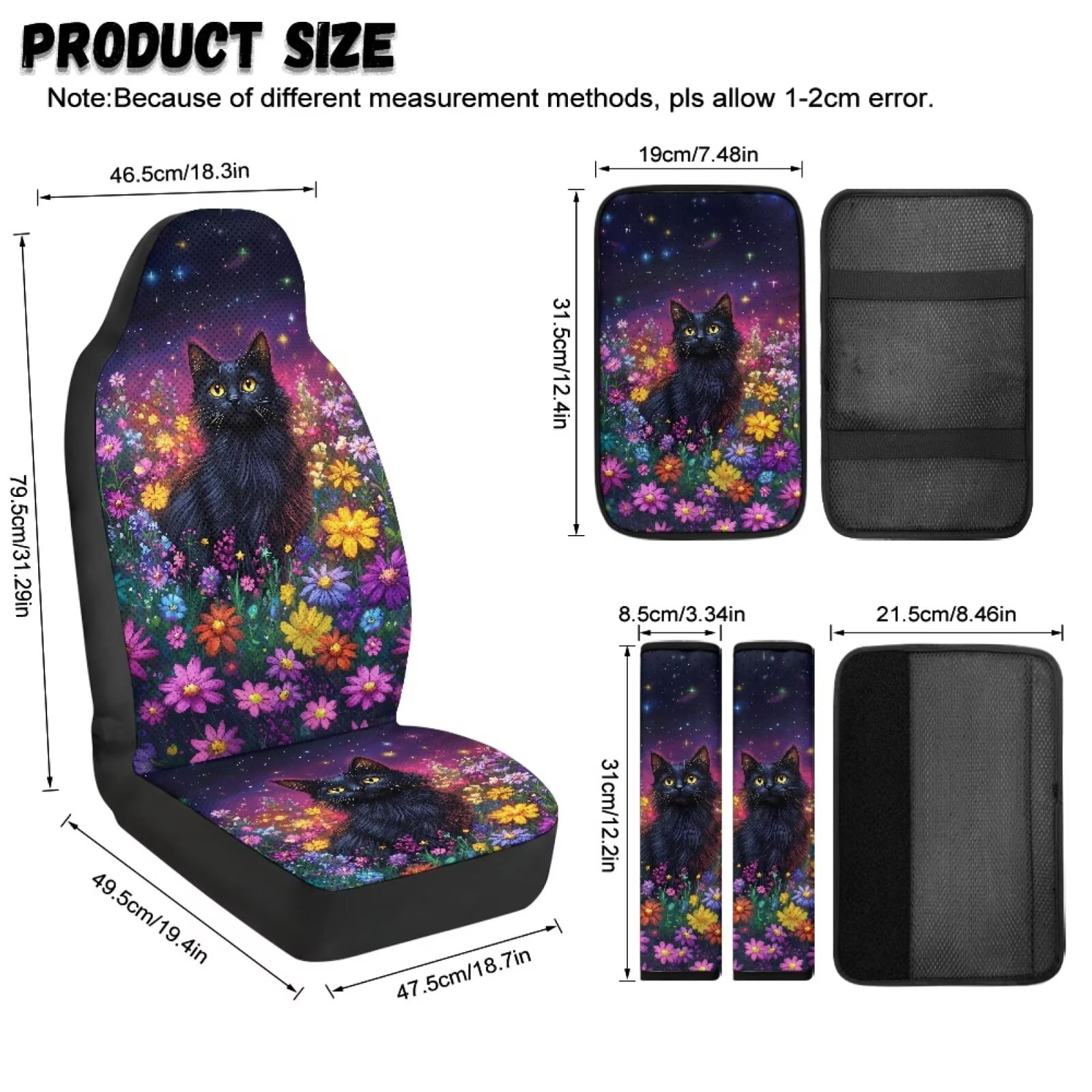 Xixirimido Car Seat Cover Set of 5 Pieces Front Seat Covers with Matching Seat Belt and Center Console Covers PU Leather Fits Most Vehicles, Black Cat Colorful Daisy