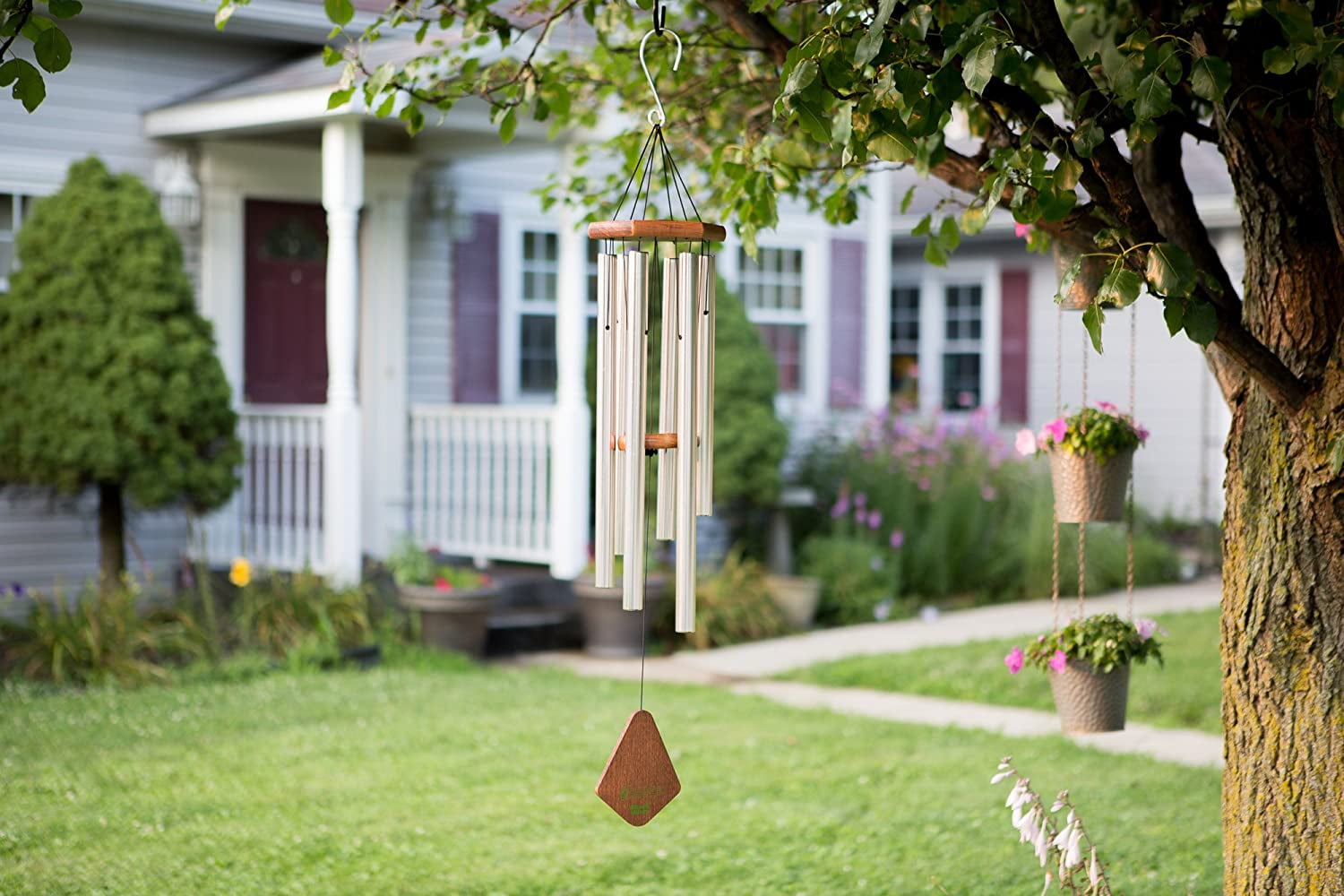 Nature?s Melody Premiere Grande Tunes Wind Chimes ? Outdoor Windchime with 6 Tubes Tuned to E Pentatonic Scale, Rustproof Aluminum, Beech Wood & S Hook Hanger for Sympathy, Memorial Gift or Zen Garden