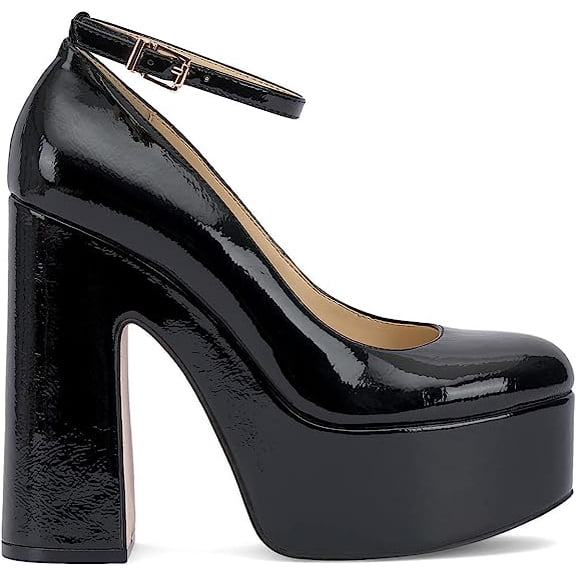 Jessica Simpson Macee Black Buckle Ankle Strap Block Chunky High Heel Pump Shoes (Black, 5)