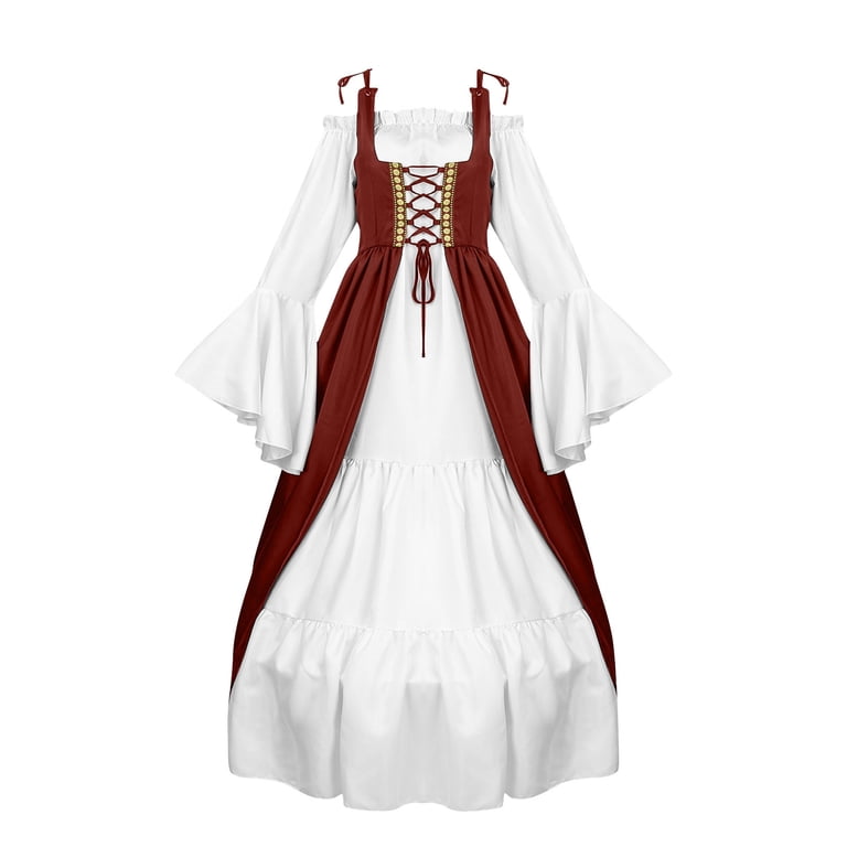 red and white corset dress FAVIPT Medieval for Women Batwing Long Sleeve Maxi Dresses Off Shoulder Vintage Patchwork Costumes Renaissance Fairy Bandage Dress Red,XL Available in White Fit:Plus Satin Color:peacock blue Mommy and Me Matching