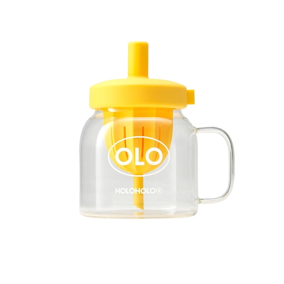 HOLOHOLO 34oz Large Glass Tumbler with Lid & Stirrer,  Yellow Reusable Iced Coffee Cup with Handle, Leakproof Clear Glass Mug for Juice