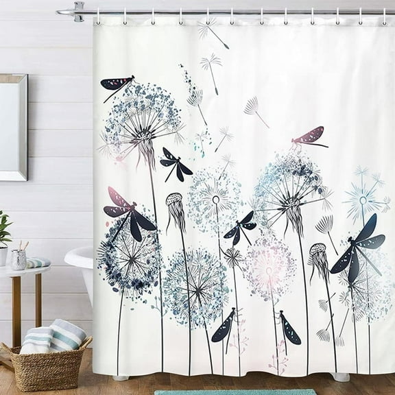 Elegant Dandelions and Dragonflies Shower Curtain Teal Blue Decor, Wildflowers Floral Herbs Antique Botanical Shower Curtain for Bathroom Fabric Aesthetic Abstract Flowers Modern Curtain(70X70 White)