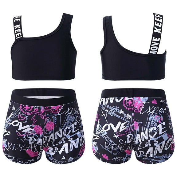 iiniim Kids Girls Two Pieces Athletic Swimsuit Gym Sports Tank Top with Booty Shorts Set 4-14 A Black Music 8