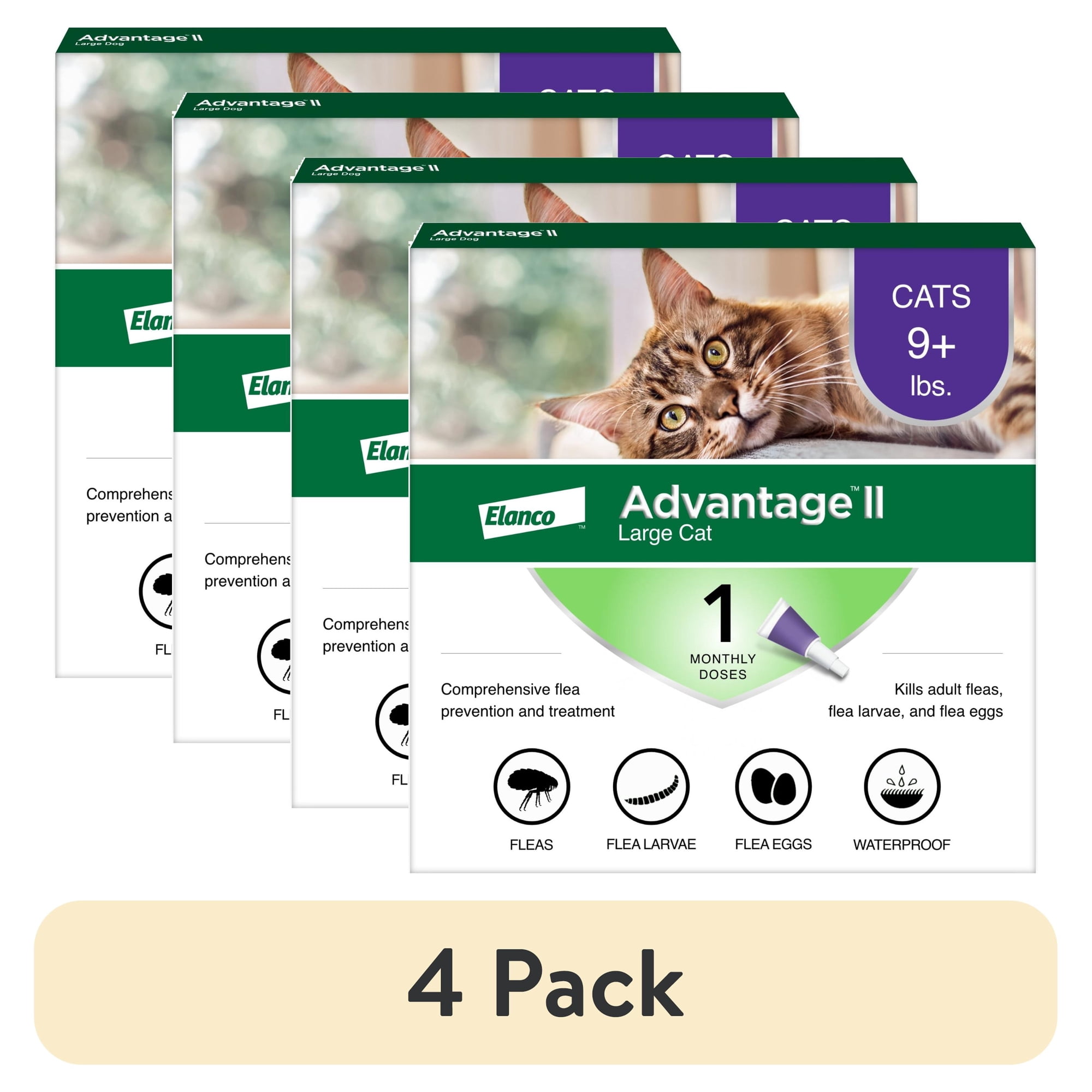 (4 pack) Advantage II Vet-Recommended Flea Prevention for Large Cats 9 lbs+, 1-Monthly Treatment