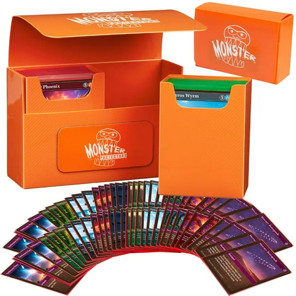 Monster Magnetic Double Trading Card Deck Box(Orange) - 2 Removable Deck Sleeves - Holds 150 Gaming TCGs-Compatible w/Yugioh,MTG, Magic The Gathering, Pokemon-Long Lasting, Durable Construction
