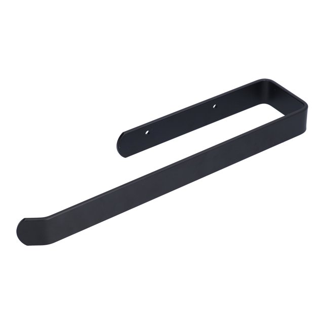 perchero para toallas, toallero de aleación de aluminio, soporte para papel higiénico, rendimiento de primera negro: vista 3/4 de una barra en U abierta con acabado mate, dimensiones aprox. 34x7.5x3 cm, dos orificios para tornillos para montaje en pared; apto para colgar toallas y sostener rollos de papel, instalación con tornillos incluida.