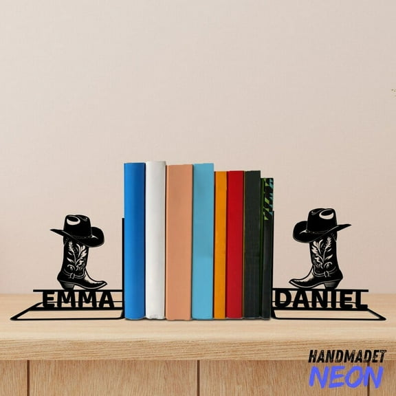 Handmadetneonsign Cowboy Boots Hat Metal Bookends, Cowboy Name Bookend, Table Bookshelf Decor 042550