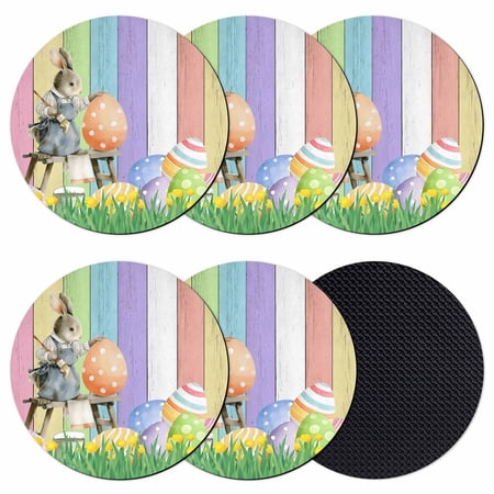 Easter Rabbbits Coasters Set of 6 Absorbent Coasters for Drinks Eggs Spring Floral Grass Colorful Wooden Coaster for Desk Coffee Table Protection Home Decor House Warming Gifts 4