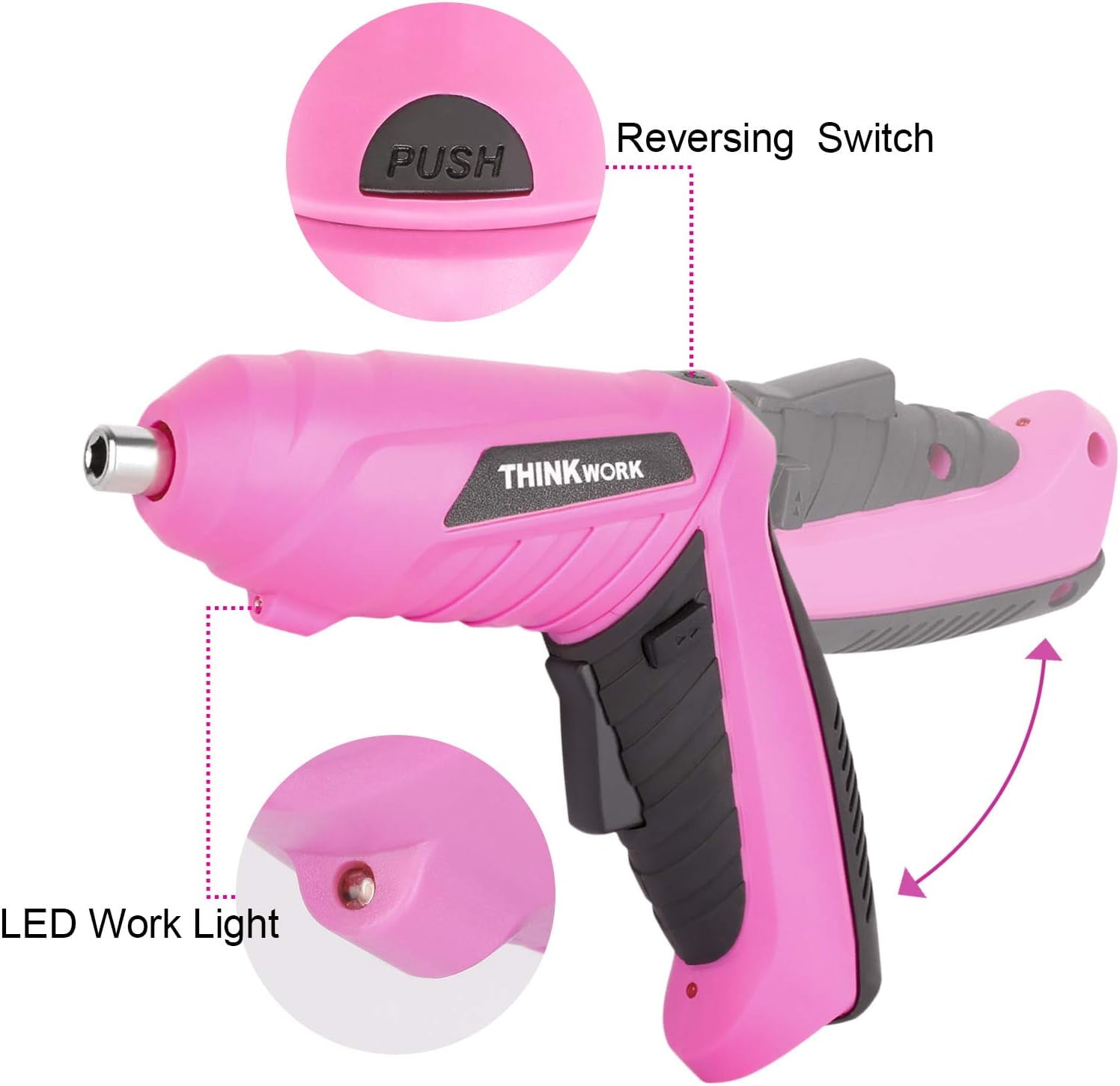 THINKWORK 122-Piece Pink Tool Kit with 3.6V Rotatable Electric Screwdriver-Ladies Home Work Kit