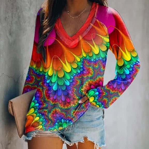 Kayannuo Clearance Fall Clothes For Women Women Fashion Loose V-Neck Printed Long Sleeve Top Red