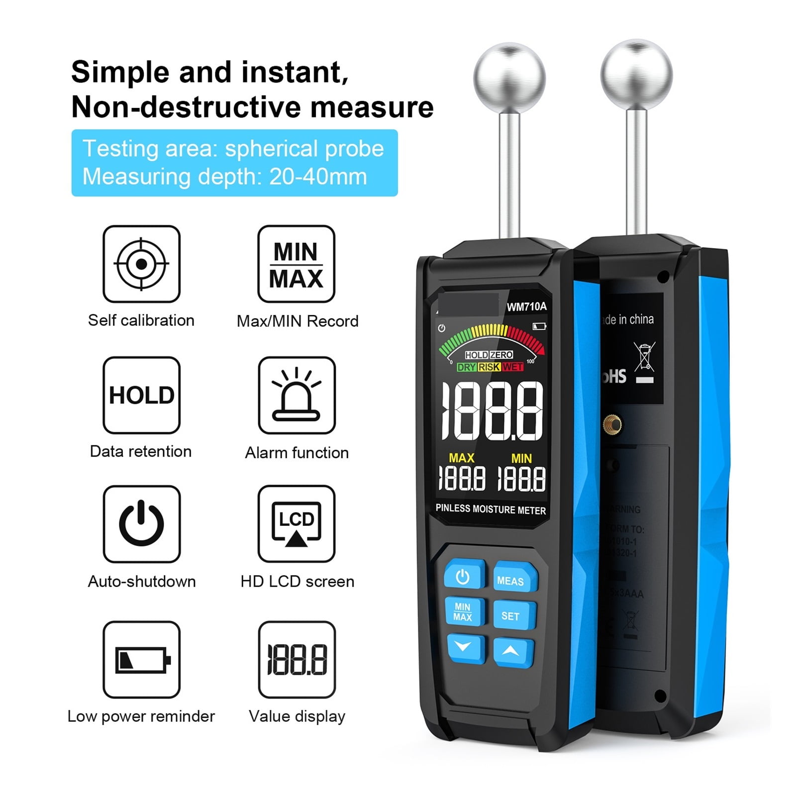 Wood Timber Damp Detector Alarm Function Humidity Tester Non-contact Spherical Hygrometer Moisture Detect ,Accurate Test Read