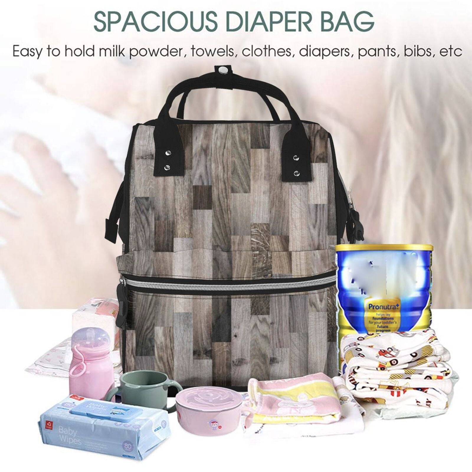 Ratiio Wooden Texture Mummy Backpack - Waterproof Twill Canvas, Large Capacity Diaper Bag with Multiple Pockets and Adjustable Straps