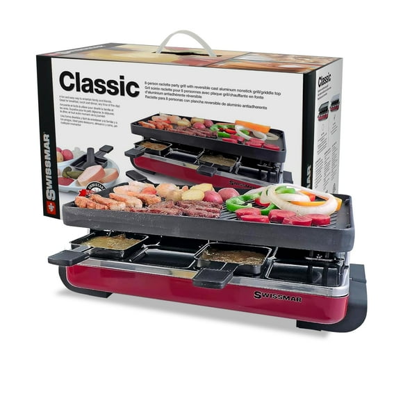 Swissmar Grill Classique à Raclette pour 8 Personnes avec Plaque de Grill en Fonte Réversible/crêpe, Grill Électrique d'Intérieur - Rouge