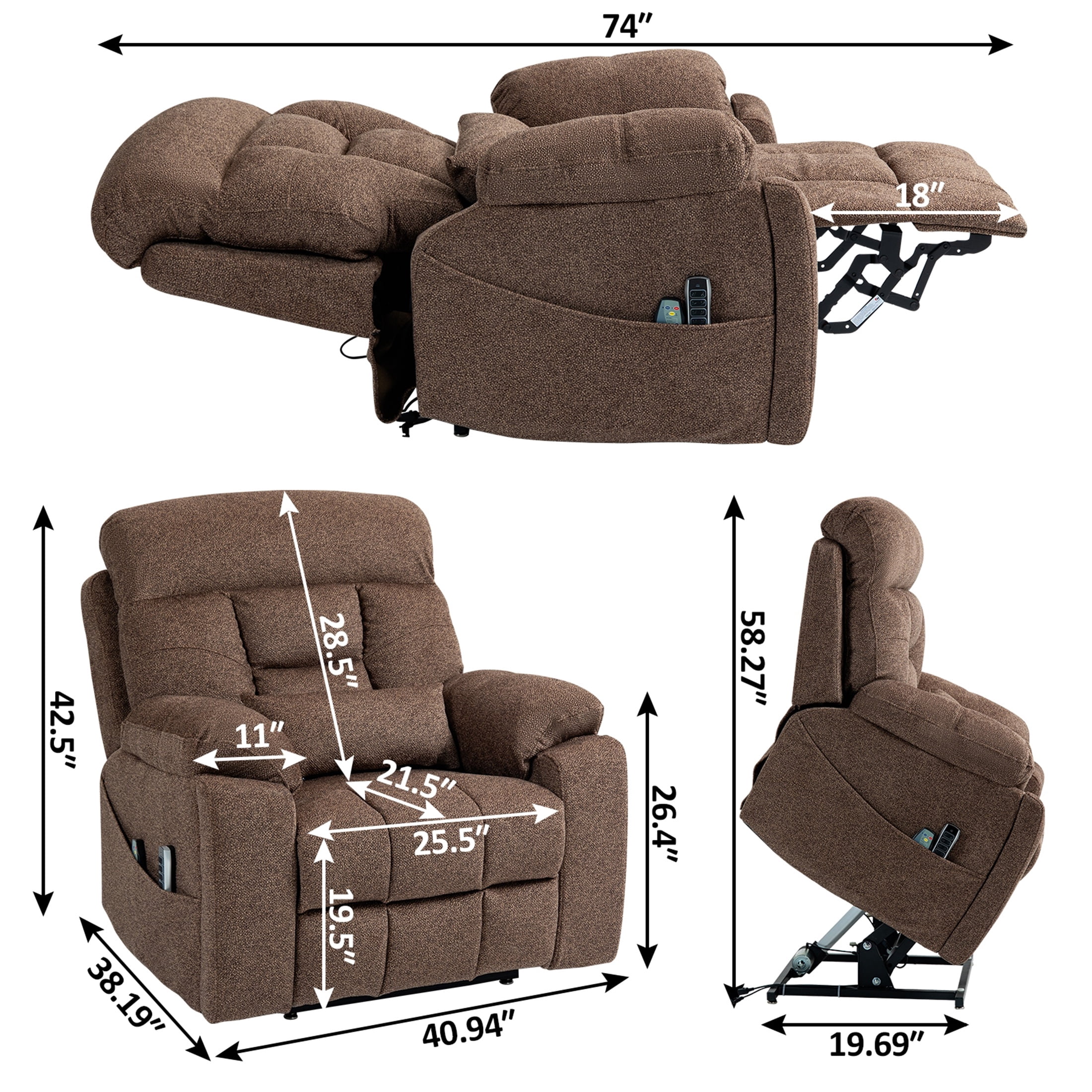 SYNGAR Power Lift Recliner Chair for the Elderly, Oversized Recliner with Massage and Heat, 2 Hidden Cup Holders, Side Pockets, 26" Width of Seat, 4 Motor, Reclining Chair, Brown