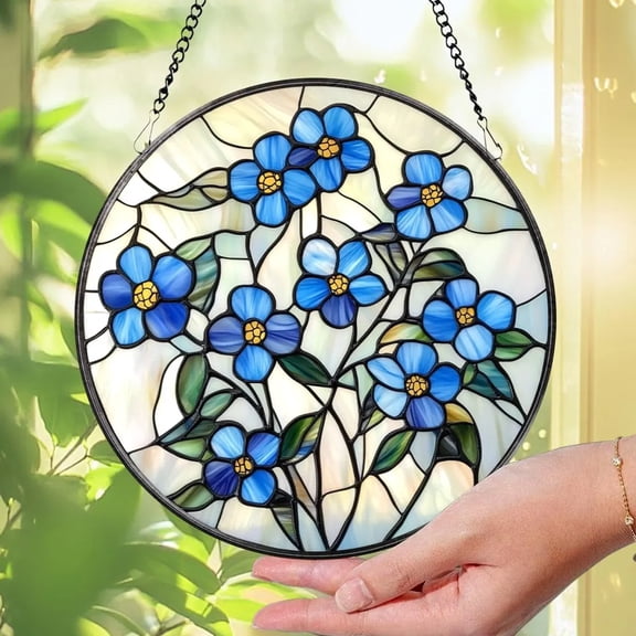 Botanical Forget-Me-Not Glass Suncatcher, Nature Floral Window Hanging, Handmade Gift Idea, Sun Catcher for Plant and Flower Lovers