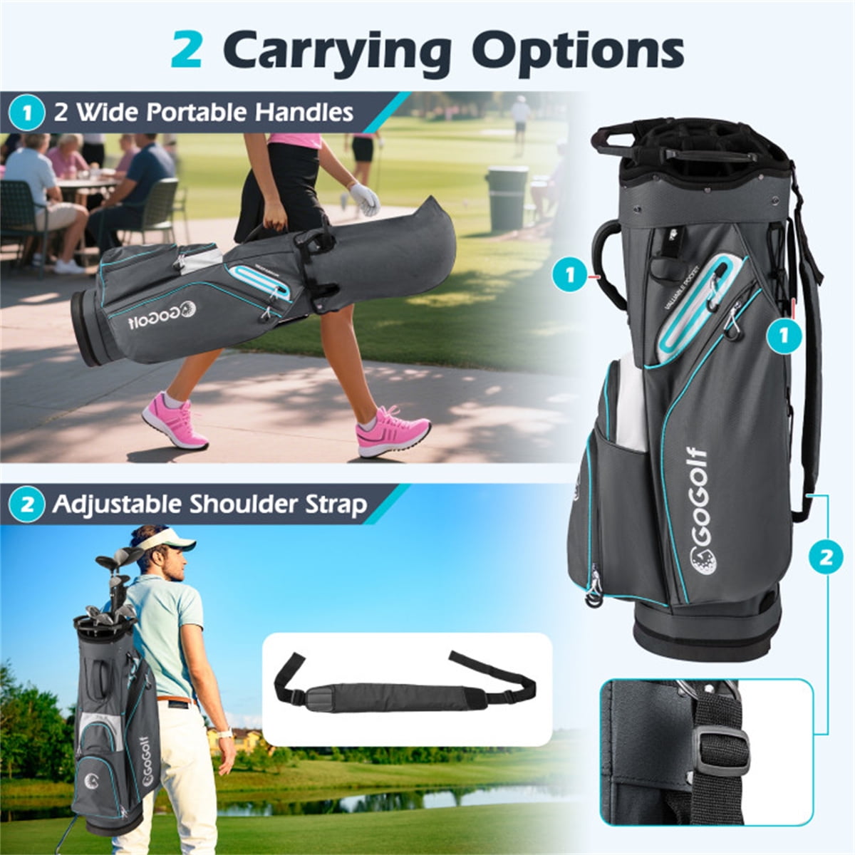 14 Way Golf Cart Bag 6 Zippered Pockets With Cooler Waterproof Zippers Gray Blue 4.7Lbs 33.5In Height 14 Divider Top Putter Well Rain Hood Umbrella Holder Polyester Lightweight Cart Bag Pro