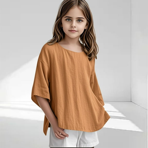 Linen Shirts for Girls Summer 2026 Trendy Plus Size Crewneck Short Sleeve Cute Tops Casual Loose Fit Comfy Blouses Brown 13 Years