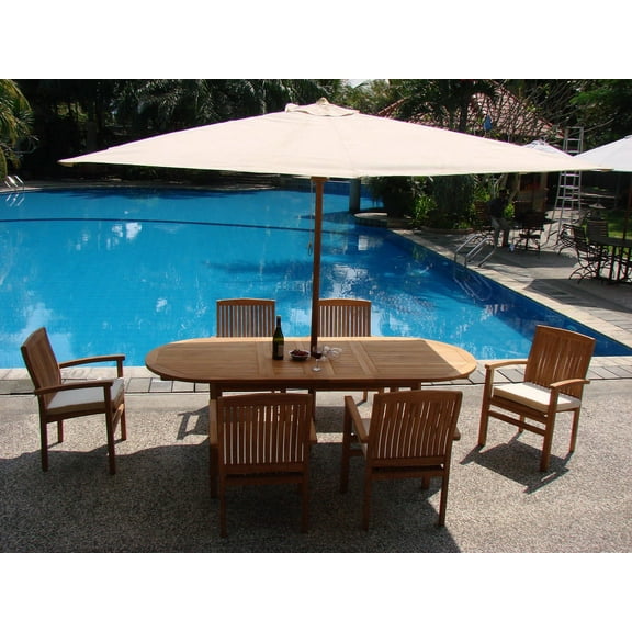 Teak Dining Set:6 Seater 7 Pc - 94" Oval Table And 6 Wave Stacking Arm Chairs Outdoor Patio Grade-A Teak Wood WholesaleTeak #WMDSWV7