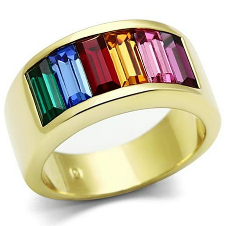 Stainless Steel Key Dangle Ring - Stainless Steel 14k Gold Ion Plated Baguette Rainbow Ring Women's Sizes 5