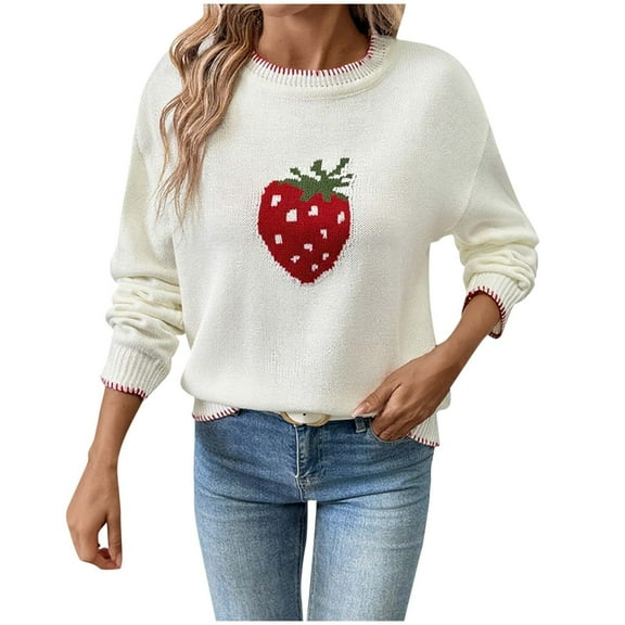 FAHXNVB Women's Sweaters Cute Strawberry Chunky Knit Long Sleeve Crewneck Pullover Sweater Casual Lightweight Soft Fuzzy Knit Tops
