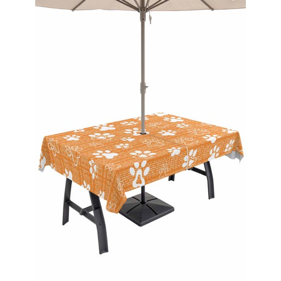 Outdoor Tablecloth with Umbrella Hole for Patio/Picnic/Party/Camping, Orange Dog Paw Waterproof Table Cloth Rectangle Table Cover Washable, Modern Geometric Abstract Aesthetics (54"x 80")