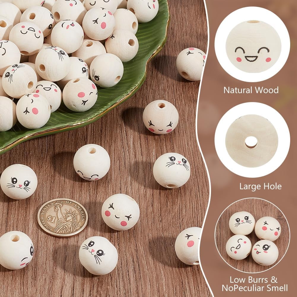 80Pcs 4 Styles Spacer Wood Smile Beads 17.5mm Wooden Beads Laughing Natural Face Print Round Beads for Animal Model Head Bracelet Necklace Jewelry Macrame Hair Crafts 4mm Hole