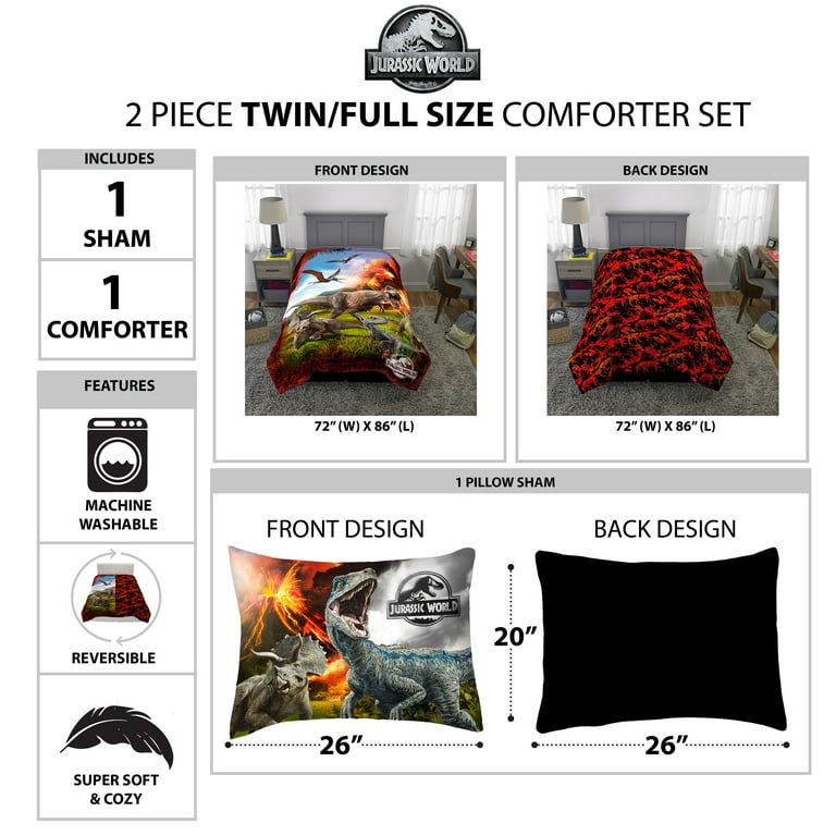 Jurassic World Kids 2-Piece Twin/Full Comforter Set, Reversible