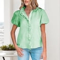 thumbnail image 2 of VNKIDY Womens Short Sleeve Striped Blouse Ruffled Collar Button Front Puff Sleeves Casual Chic Shirt For Summer Office Daily Wear Green S, 2 of 4