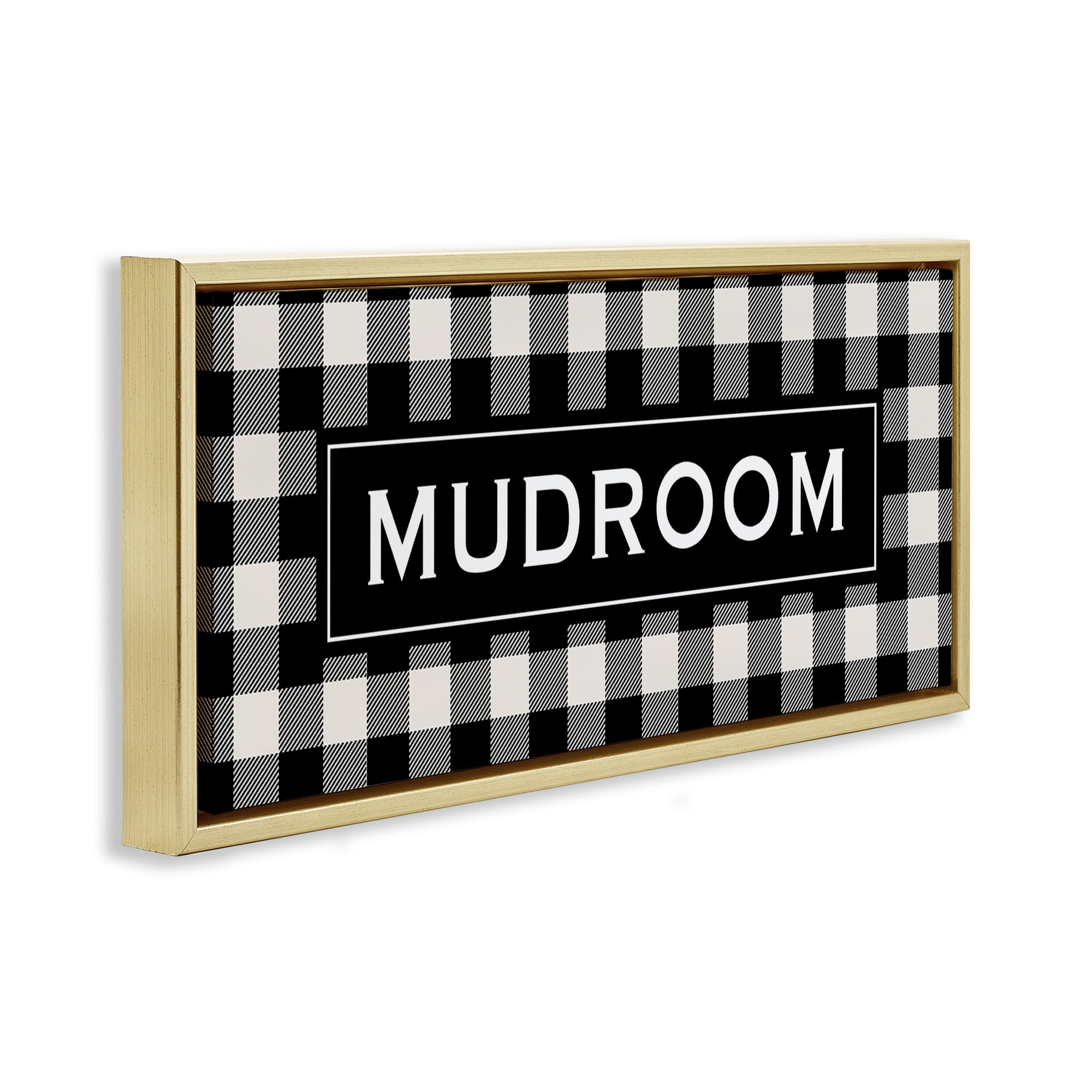 Stupell Industries Mudroom Classic New England Plaid Typography Painting Gold Floater Framed Canvas Art Print Wall Art, 25 x 11