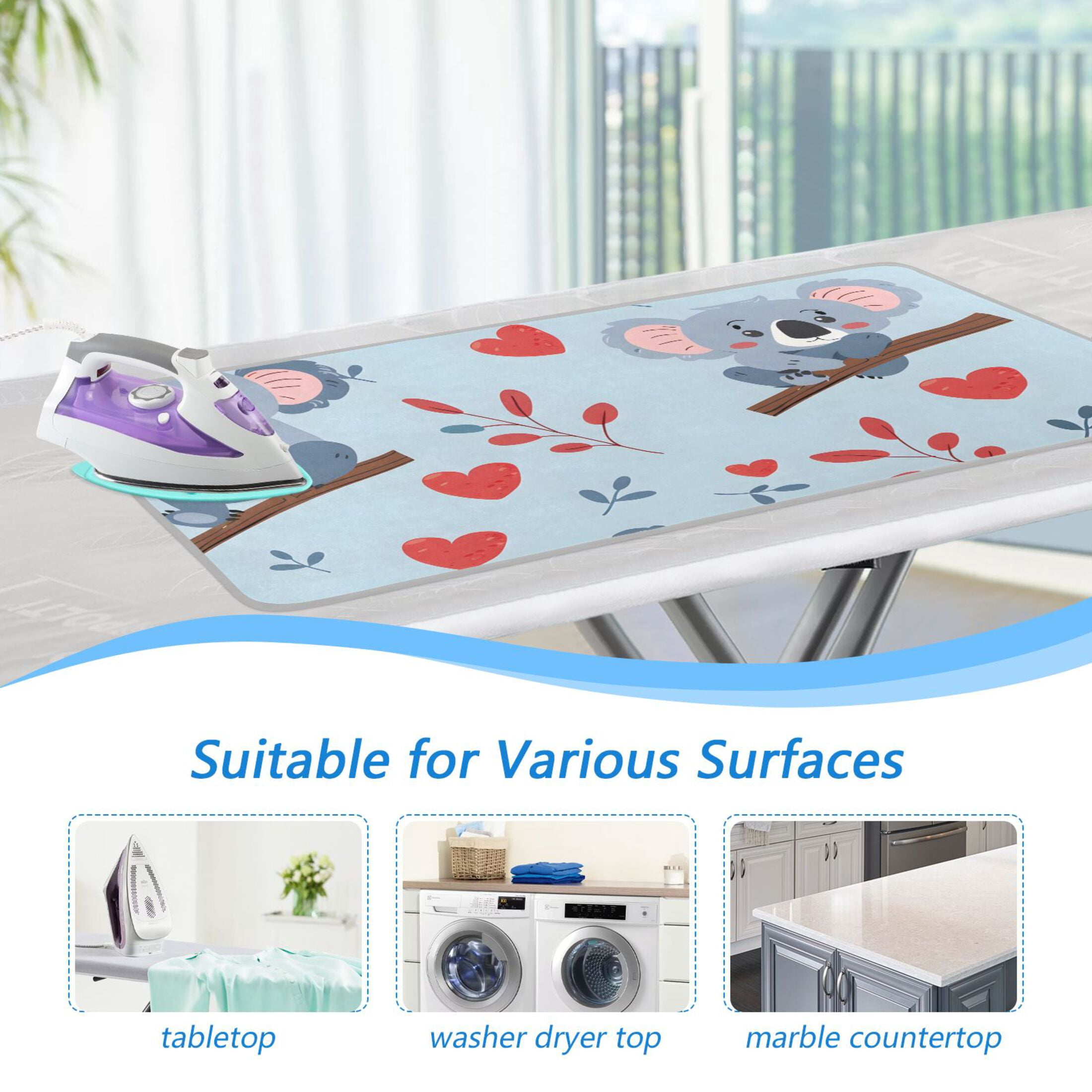Cartoon Koala on Branch Heart Leaves Ironing Mat Blanket Portable Travel Ironing Pad Heat Resistant Pad 47.2" x 27.6”