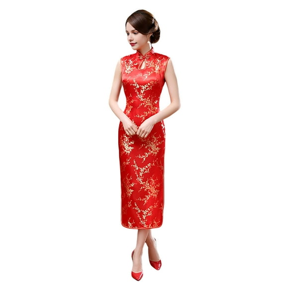 Women Summer Cheongsam Stand Collar Floral Print Hollow Out Split Hem Sleeveless Qipao Slim Fit Retro Chinese Style Mid-calf Length Wedding Party Cocktail Dress