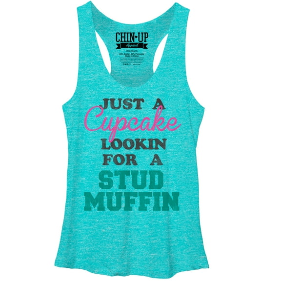 Women's CHIN UP Cupcake Looking for a Stud Muffin Racerback Tank Top Tahiti Blue Medium