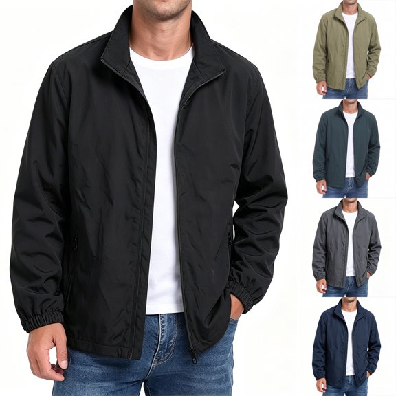 Sevevn Men Windbreaker Jacket Full Zip Up Stand Collar Regular Fit Lightweight Smooth Fabric Side Zip Pockets Elastic Cuffs And Hem For Daily Casual Travel Wear