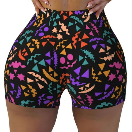 Workout Shorts Women  Colorful Pumpkin Faces Biker Shorts for Women Running Gym Spandex Shorts Tummy Control