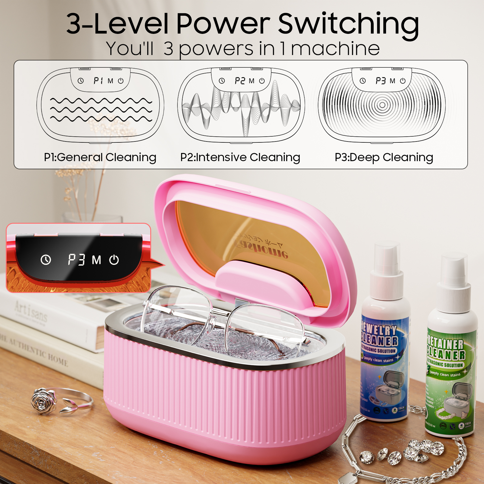 Professional Ultrasonic Cleaner with 200ML Solution, 45KHz 20oz Jewelry Cleaner Ultrasonic Machine with Basket Watch Stand for Rings, Necklaces, Eyeglasses, Dentures, Retainers