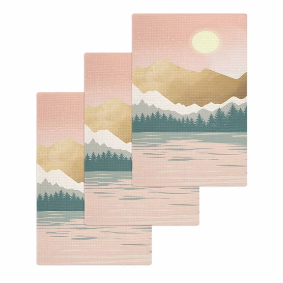 Boho Mountains Kitchen Dish Towels for Drying Dishes Set of 3, Abstract Gold Sun Forest Landscapae Waffle Weave Microfiber Hand Tea Bathroom Towels Quick Dry & Absorbent Towel 15.7x23.6