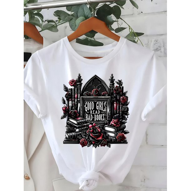1pc Women's Book & Rose Print T-Shirt - "GOOD S READ BOOKS" Graphic Tee with Floral & Book Design, Vibrant Pink Casual Round Neck Top for Book Lovers, All-Season Machine Washable, Book Lovers Gifts