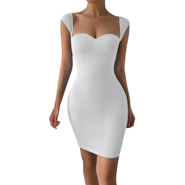 Gibobby Vestidos cortos de mujer Vestido midi de satén de verano para mujer, manga casquillo, cintura con , elegante línea A, vestidos fluidos(Blanco,M)