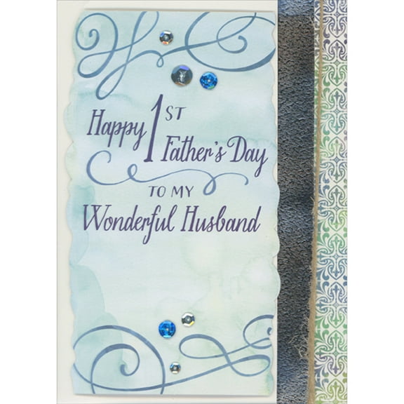 Designer Greetings Happy 1st Father's Day 3D Light Blue Banner with Blue Swirls and Sequins Hand Decorated First Father's Day Card for Husband